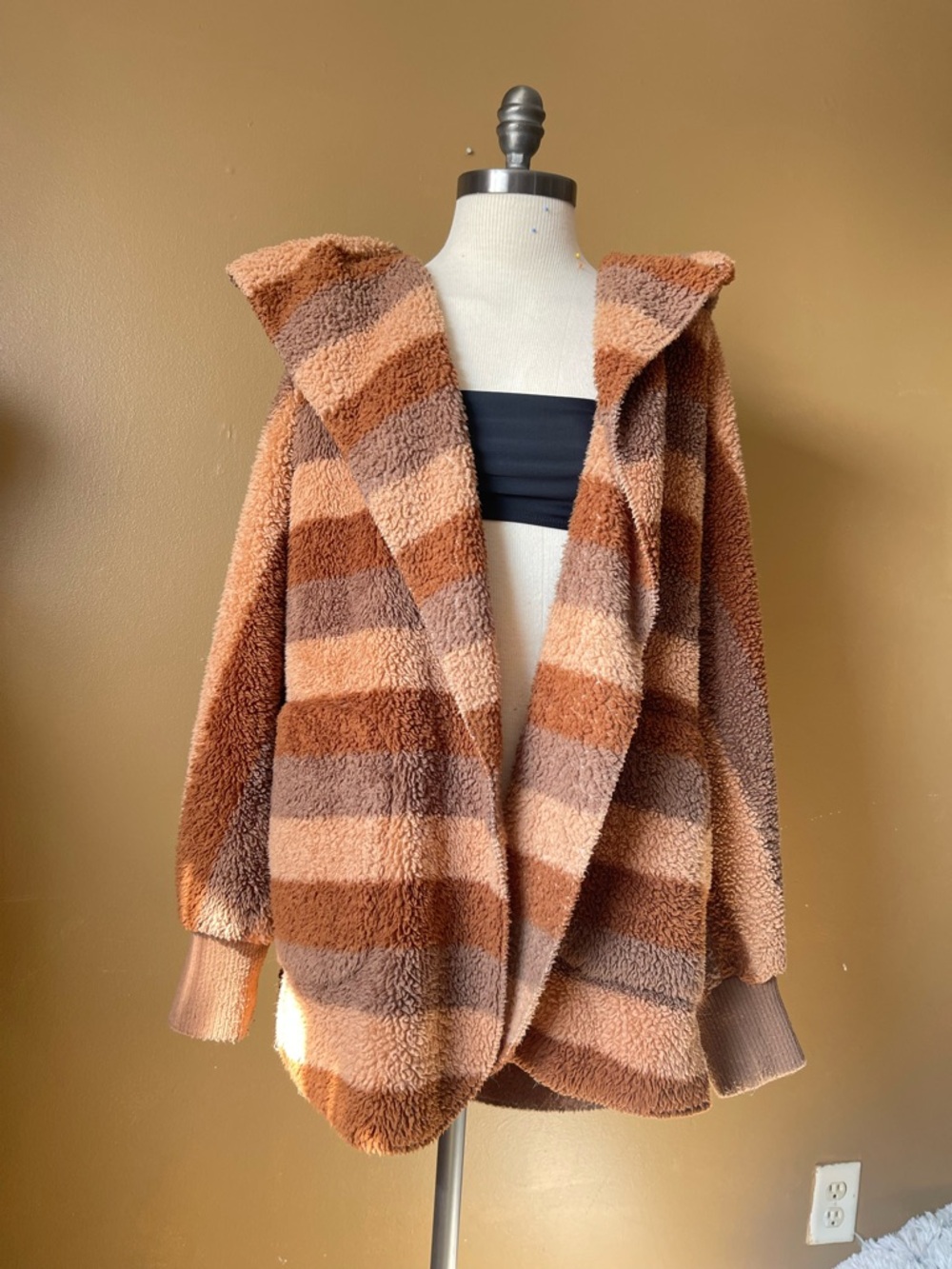 Striped Sherpa Hooded Jacket in Warm Brown & Tan